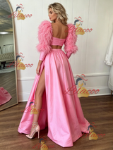 Pink Satin Long Sleeve Two Piece Prom Dress