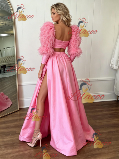 Pink Satin Long Sleeve Two Piece Prom Dress