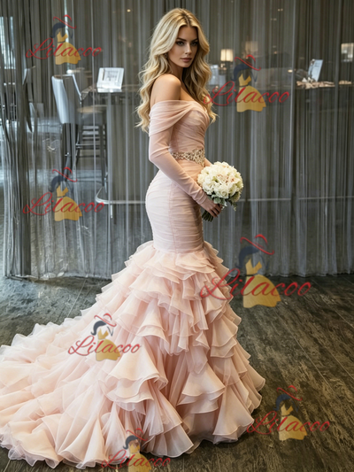 Pink Mermaid Tulle Pleats Wedding Dress