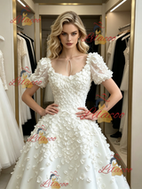 White Puff Sleeve Flower Wedding Dress