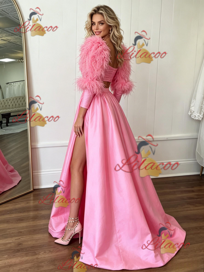 Pink Satin Long Sleeve Two Piece Prom Dress