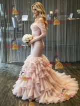 Pink Mermaid Tulle Pleats Wedding Dress
