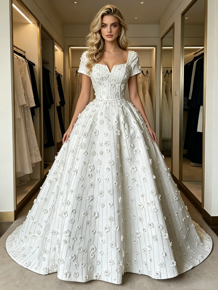 White Square Neck Short Sleeve Flower Wedding Dress