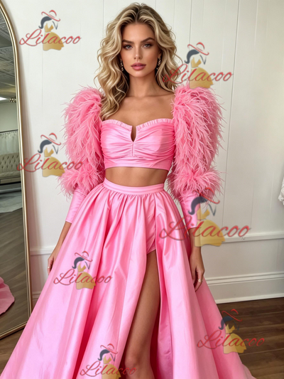 Pink Satin Long Sleeve Two Piece Prom Dress