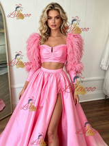 Pink Satin Long Sleeve Two Piece Prom Dress