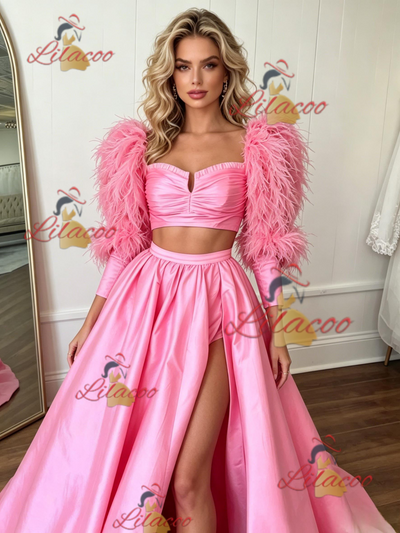 Pink Satin Long Sleeve Two Piece Prom Dress