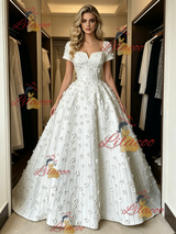 White Square Neck Short Sleeve Flower Wedding Dress