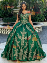 Green Tulle Off the Shoulder Appliques Quinceanera Dress