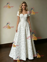 White Square Neck Short Sleeve Flower Wedding Dress