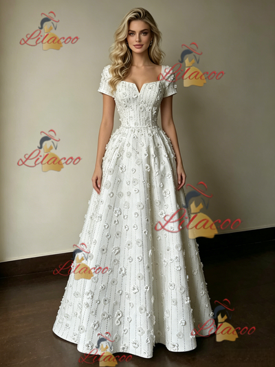White Square Neck Short Sleeve Flower Wedding Dress