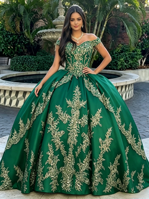 Green Tulle Off the Shoulder Appliques Quinceanera Dress