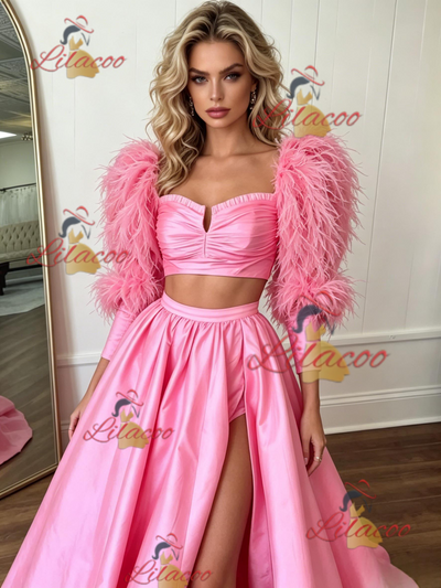 Pink Satin Long Sleeve Two Piece Prom Dress