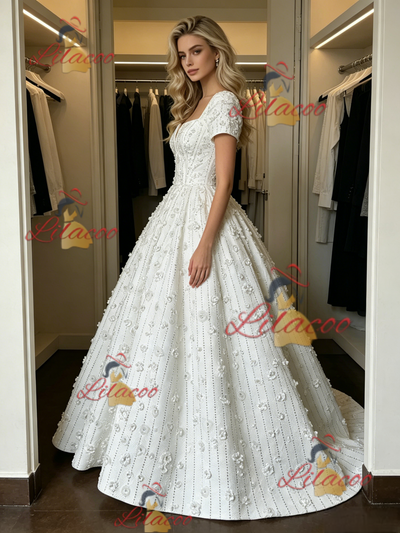 White Square Neck Short Sleeve Flower Wedding Dress
