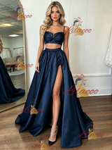 Navy Blue Satin Straps Two Piece Prom Dress