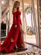 Red Long SLeeve V-neck Split Prom Dress