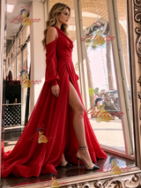Red Long SLeeve V-neck Split Prom Dress