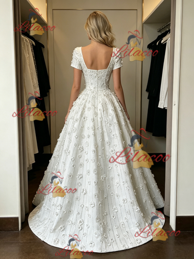 White Square Neck Short Sleeve Flower Wedding Dress