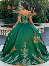 Green Tulle Off the Shoulder Appliques Quinceanera Dress