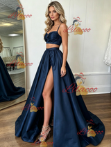 Navy Blue Satin Straps Two Piece Prom Dress