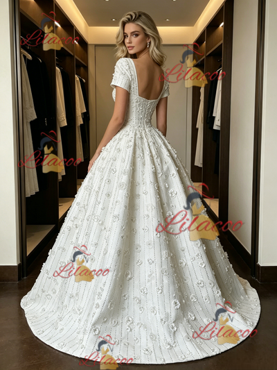 White Square Neck Short Sleeve Flower Wedding Dress