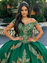 Green Tulle Off the Shoulder Appliques Quinceanera Dress
