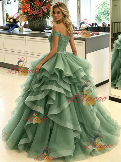 Green Tulle Off the Lace Prom Dress