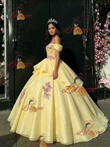 Yellow Tulle Sapghetti Straps Appliques Quinceanera Dress