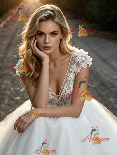 White Tulle Lace V-neck Wedding Dress