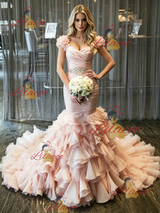 Pink Mermaid Tulle Pleats Beading Wedding Dress