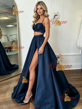 Navy Blue Satin Straps Two Piece Prom Dress