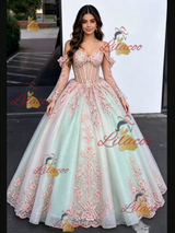 Tulle Appliques Long Sleeve Quinceanera Dress