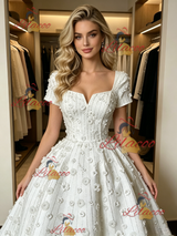 White Square Neck Short Sleeve Flower Wedding Dress