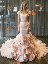 Pink Mermaid Tulle Pleats Beading Wedding Dress