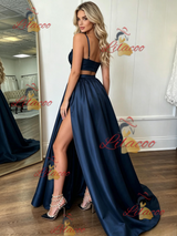 Navy Blue Satin Straps Two Piece Prom Dress
