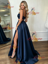 Navy Blue Satin Straps Two Piece Prom Dress