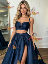 Navy Blue Satin Straps Two Piece Prom Dress