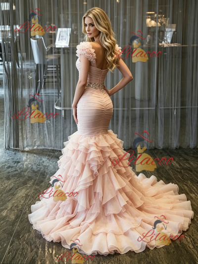 Pink Mermaid Tulle Pleats Beading Wedding Dress