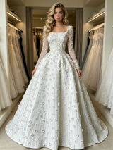 White Short Sleeve Flower Wedding Dress