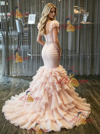 Pink Mermaid Tulle Pleats Beading Wedding Dress