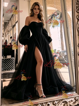 Black Tulle Long Sleeve Split Prom Dress
