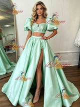 Green Satin Two Piece Prom Dress