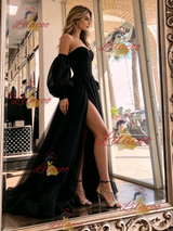 Black Tulle Long Sleeve Split Prom Dress