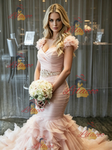 Pink Mermaid Tulle Pleats Beading Wedding Dress