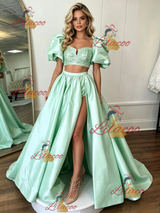 Green Satin Two Piece Prom Dress