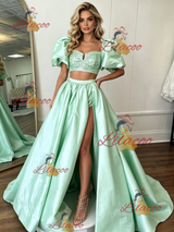 Green Satin Two Piece Prom Dress