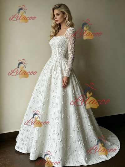 White Short Sleeve Flower Wedding Dress