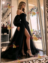 Black Tulle Long Sleeve Split Prom Dress