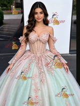 Tulle Appliques Long Sleeve Quinceanera Dress