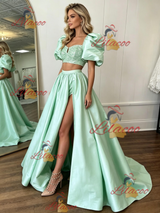 Green Satin Two Piece Prom Dress