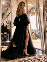 Black Tulle Long Sleeve Split Prom Dress